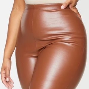 PrettyLittleThing Brown Split Hem Leather Trousers